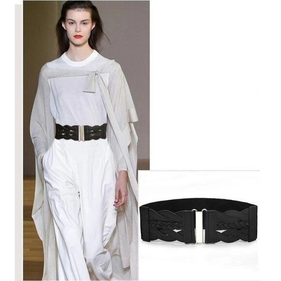 2/$30 NEW Elastic Wide Waist Belt Braided Black - Picture 4 of 12
